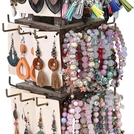 Wood Rotating Jewelry Display Stand Tower,Spinning Keychain Display Stand,36 Hooks Spinning Necklace, Bracelet, Earring Rack for Vendor, Coffee Color